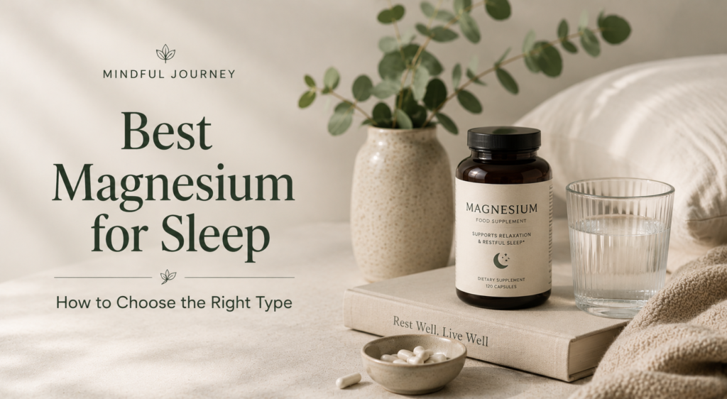 Best magnesium for sleep article banner with magnesium supplement, water, book, and calming bedside setting