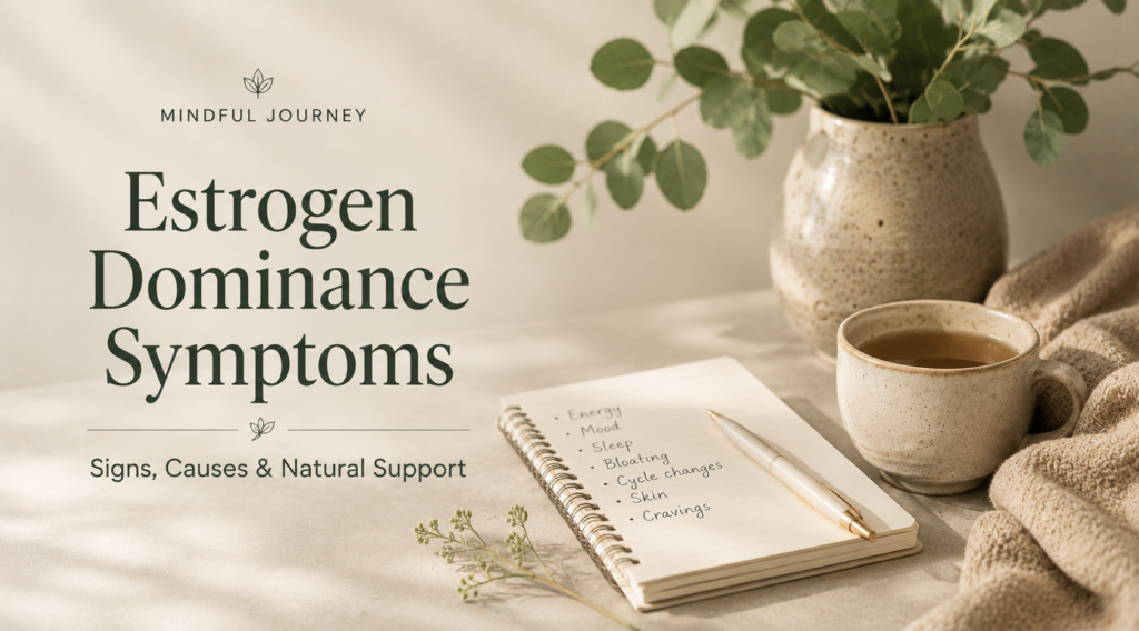 Estrogen dominance symptoms article banner with tea, notebook, and calming wellness props