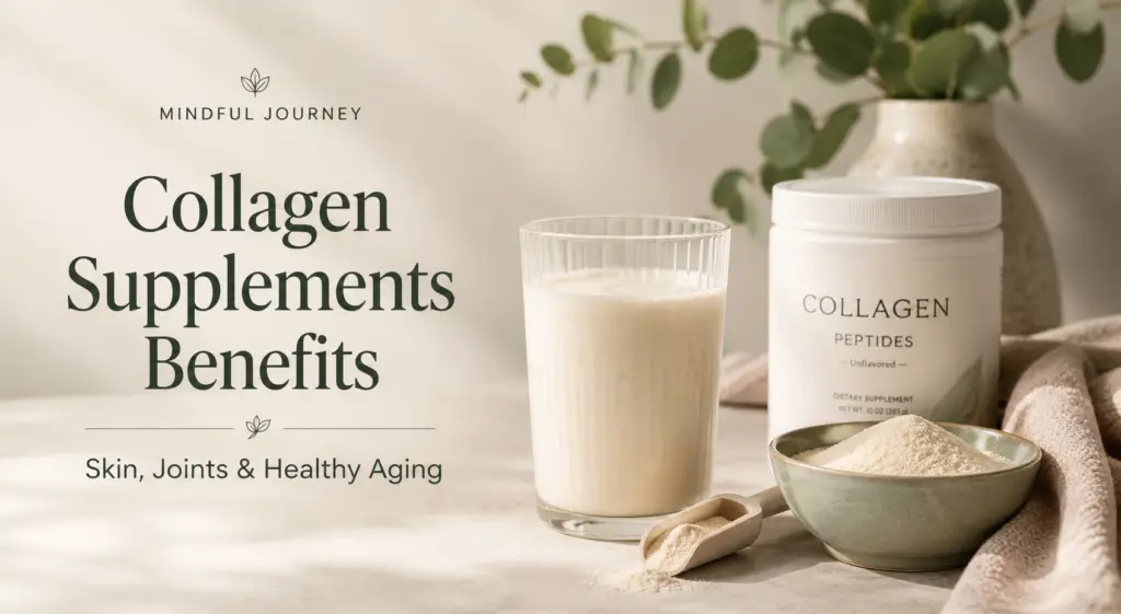 Collagen peptides powder with smoothie and wellness props for an article on collagen supplements benefits